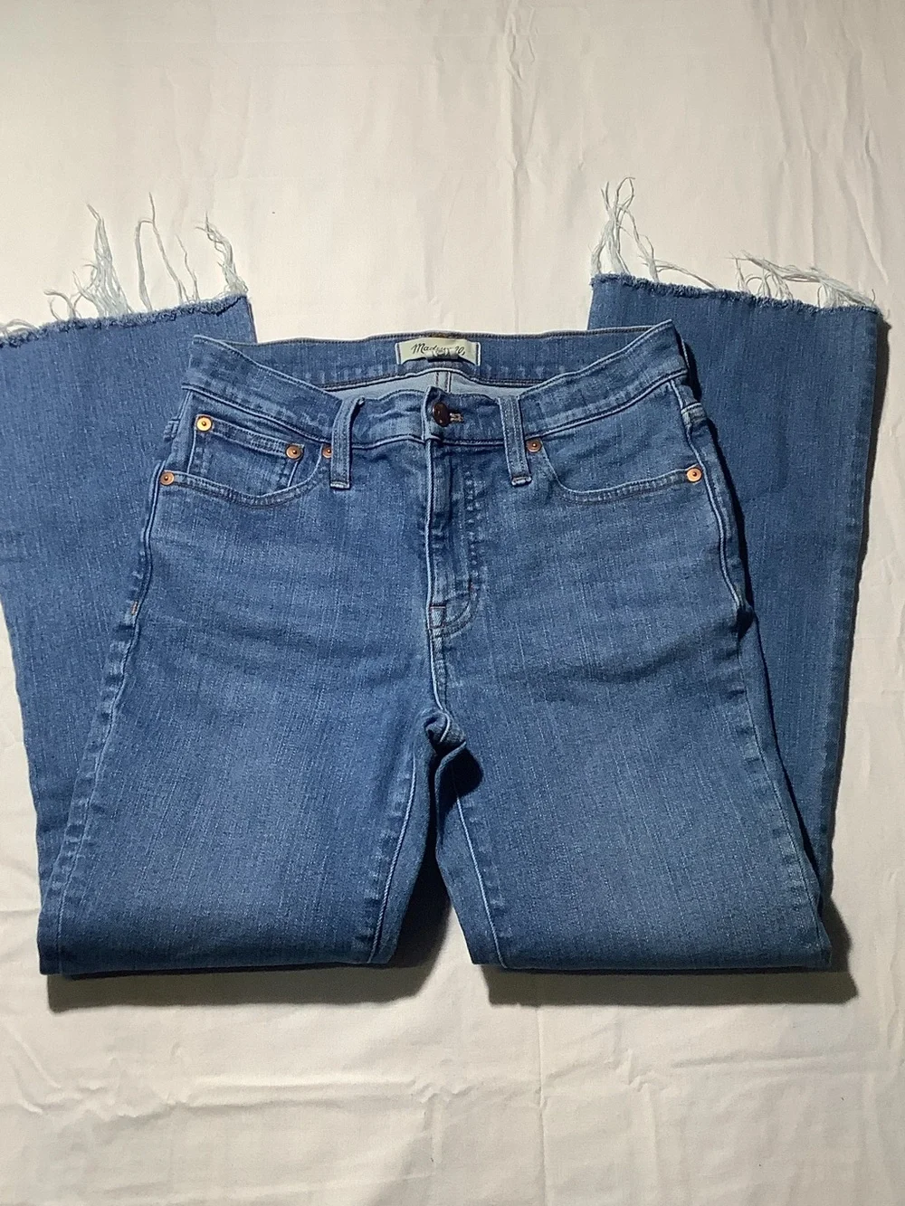 Madewell Medium Blue Mid Rise Kick Out Frayed-Hem Jeans